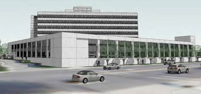 Graphic of an artist rendering of the parking ramp being built on the west side of the Transportation Building.